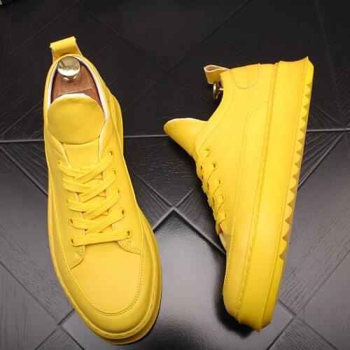 British style men fashion yellow white shoes breathable lace-up natural leather flats shoe streetwear platform footwear zapatos