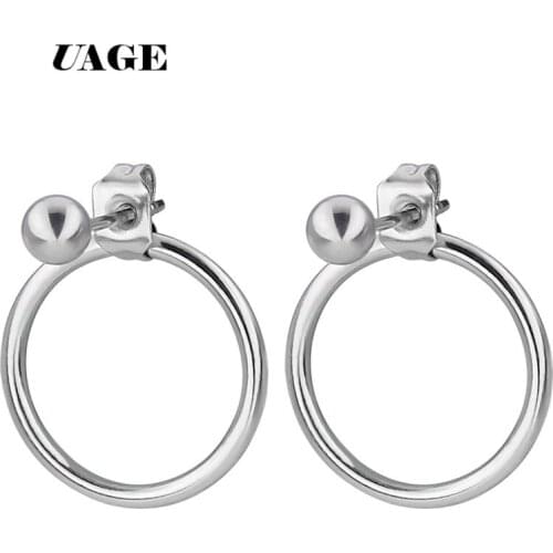 UAGE 1 Pair Stainless Steel Ear Studs Earrings Silver Color Plated Round Earrings Women Men Earrings