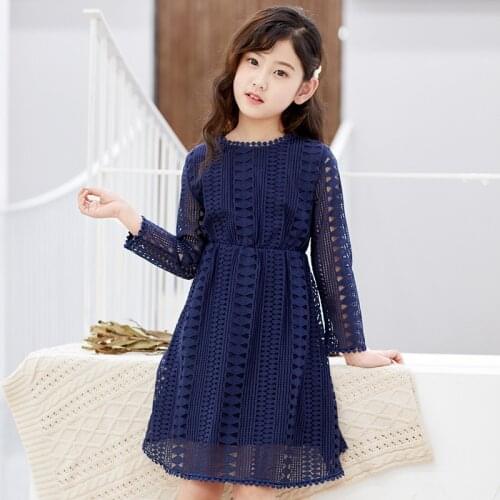 Spring Kids Dresses Teenage White Blue Wedding Party Frocks Lace Girl Dress Long Sleeve Children Clothing For 4 6 8 10 12 14 16