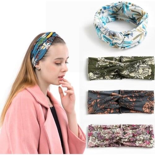2021 Women Floral Print Summer Bohemian Headband Turban Wrap Hair Bands Print Vintage Cross Bandage Bandanas Hair Accessories