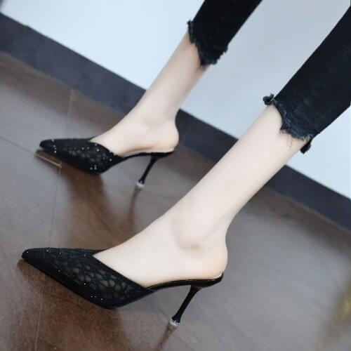 Women Sandals Fashion Gauze Half Dragged Female New Spring And Summer 2021 Pointed High-heeled SandalsWomen Lazy Slippers