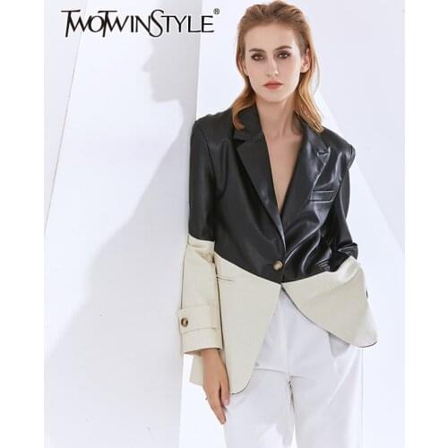 TWOTWINSTYLE Patchwork PU Leather Blazers For Women Notched Long Sleeve Hit Color Casual Coats Female 2020 Fashion Clothing Tide