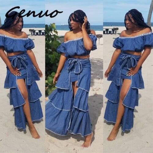 Genuo 2019 Women Off Shoulder Short Sleeve Crop Top Cascading Ruffles Slit Sexy Maxi Skirt Suit Two Piece Set Tracksuit Dress