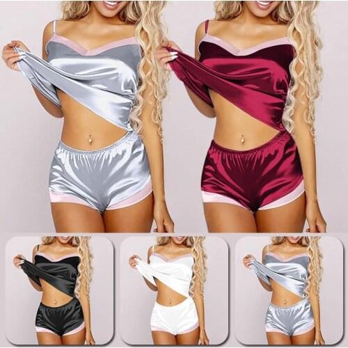 Ladies Sexy 2 Piece Satin Silk Pajama Set Sleeveless Pyjamas Sleep Shorts Set Lace Pijama Suit Sleepwear For Women Sexy Nighties