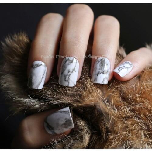 Medium length 24pcs Marble texture natural false nails square Black White press on nails fake nails full sets with adhesive tabs