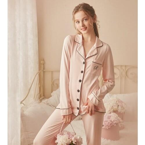 Free Shipping 2018 New Fall Womens Cotton Pajamas Long Pants Set Pink And Blue Sleepwear Home Cloth pijamas femininos verao