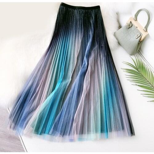 Shining Metallic Gradient Mesh Skirt 2021 New A-Line Pleated Midi Skirts High Waist Slim European Style Rainbow Tutu Skirt