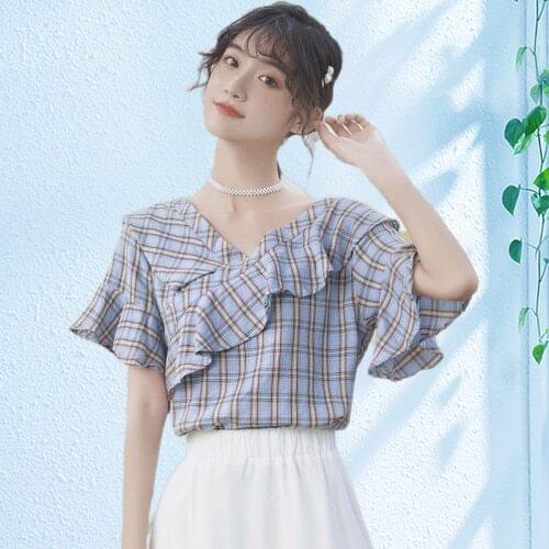 2021 summer new womens korean style plaid shirt tops ruffle V-neck short sleeve blouse slim blue blouses blusa femme X19