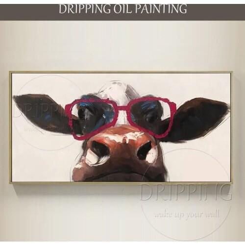 Lovely Design Artist Hand-painted Funny Cow with Glasses Oil Painting for Living Room Modern Animal Oil Painting for Wall Decor