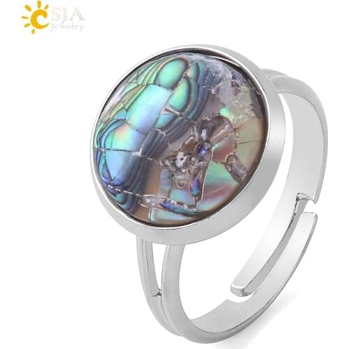 CSJA Round Natural Seashell Ring Pink White Colorful Abalone Shell Adjustable Women Finger Rings Party Daily Summer Jewelry F904