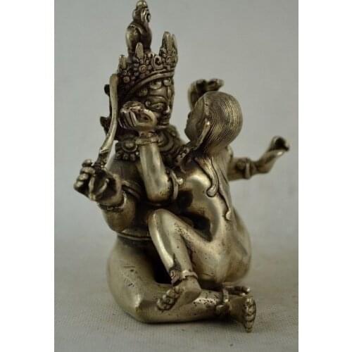 Collectible Decorated Old Handwork Tibet Silver Carved Buddha Make Love Buddha