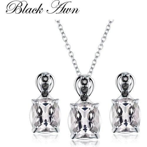 [BLACK AWN] 925 Sterling Silver Fine Jewelry Sets Trendy Engagement Wedding Necklace+Earring for Women PT160