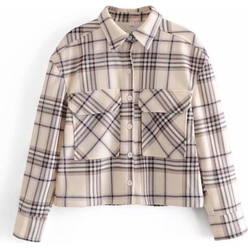 Nice Vintage Woman Beige Loose Plaid Woolen Shirt Jacket New Spring Fashion Ladies Pocket Coats Female Casual Oversized Outwear
