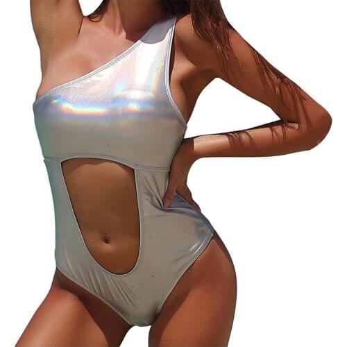Women Metallic Shiny Shoulder Belly Cutout Piece Swimsuit Striped Plus Size Swimsuit Bikini Fashion Push-Up Swimsuit Gold Z0317