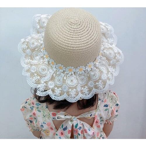 3-6 Years Old Summer Toddler Kids Girls Boho Straw Hat Sunflowers Print Lace Sunhats Outfits