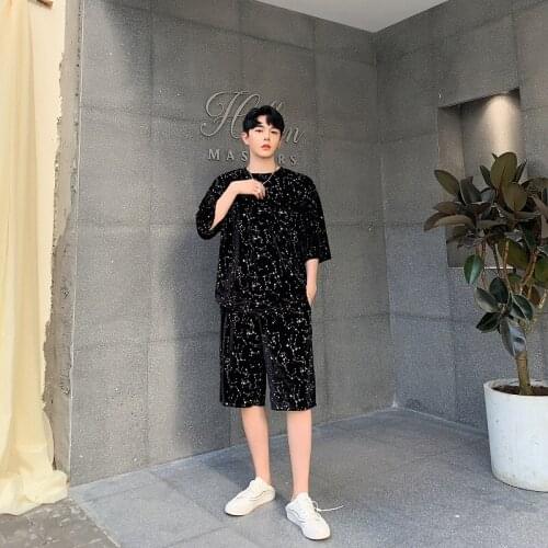 Men Summer Sets (tshirt+shorts) Velour Drill Bling Casual Male Streetwear Hip Hop Punk Short Sleeve T Shirt Tops Tees Shirts