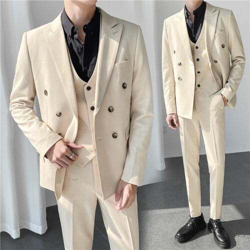 2 Pcs Set Blazers Jacket Pants / 2021 New Mens Casual Boutique Business Wedding Pure Color Double Breasted Suit Coat Trousers