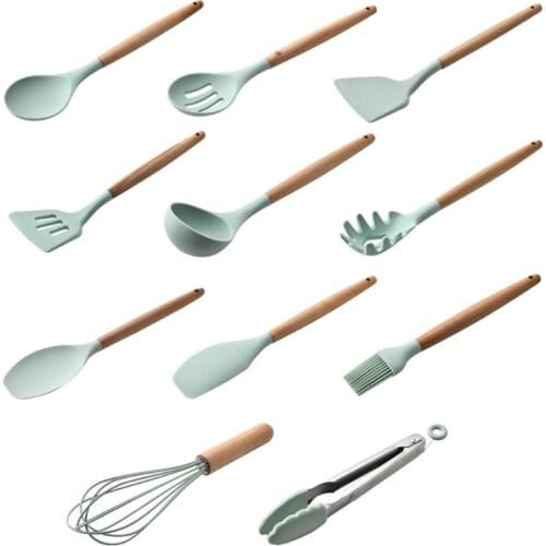 Non-toxic Silicone Kitchen Cooking Utensils Set Natural Wooden Handles Cooking Y5JC
