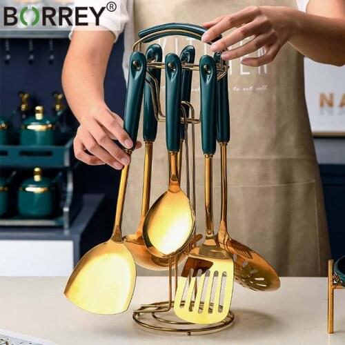 BORREY 7Pcs/Set Stainless Steel Cooking Kitchenware Set Spatula Spoon Ceramic Handle Gold Cookware With Storage Utensils Set