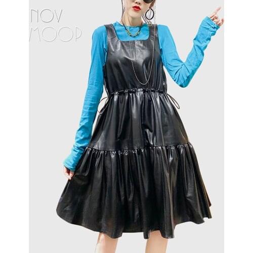 Novmoop genuine leather women ruffle dress adjustable waist strip solid color elegant sweet lady Robe en cuir LT3460