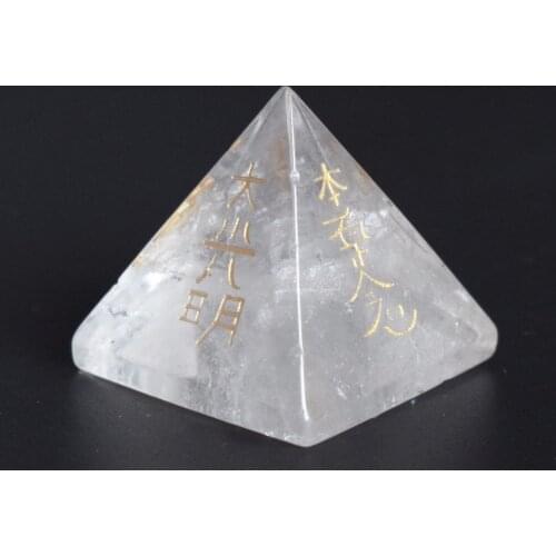Natural Chakra Clear Quartz Carved Crystal Healing Pyramid Engraved Balance Usui Reiki Symbols with a Free Pouch