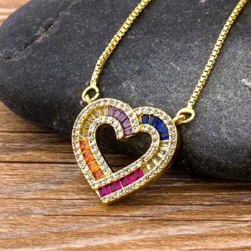 Romantic Women Initial CZ Necklace Heart Shape Rainbow Copper Pendent Long Snake Chain Necklace Jewelry for Lady Girls Best Gift
