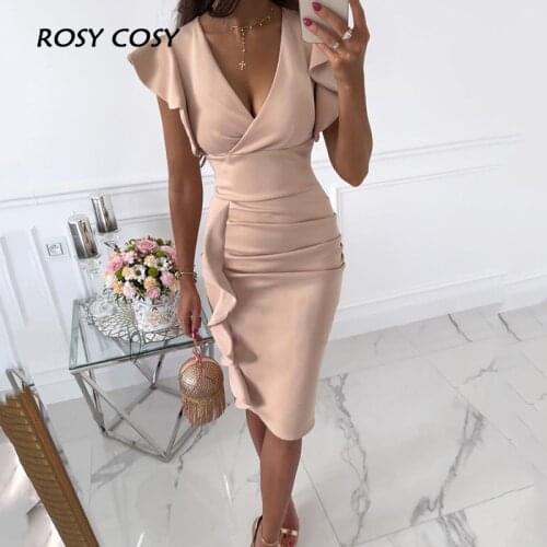 Sexy Women Deep V-Neck Solid Ruffles Slim Dress Elegant Butterfly Sleeve Ladies Bodycon Party Dress 2021 Summer Femme Vestido