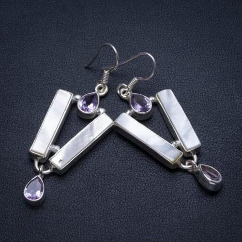 Natural Mother Of Pearl and Amethyst Handmade Vintage 925 Sterling Silver Earrings 2" T3840