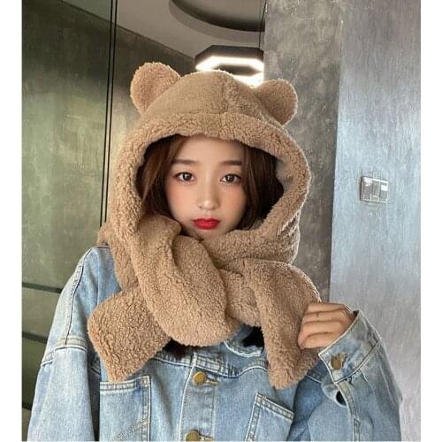 Fashion Women Scarf With Hat For Girls Cute Half Round Ear Warm Cap Shawl Faux Lamb Wool Hats echarpe femme hiver luxe