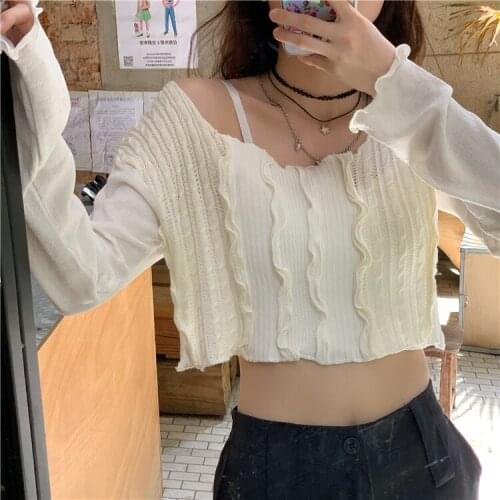 Chic Knitwear Short T-shirt Sunscreen Blouse Thin Top Female Casual Fashion Camisa Feminina Korean Poleras Mujer De Moda 2021