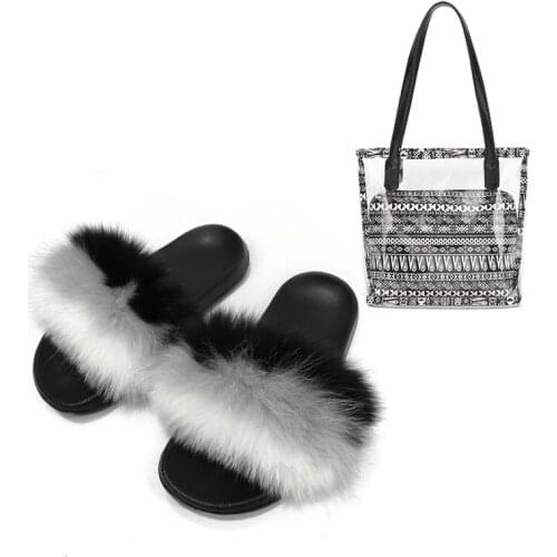 New Design Women Real Fox Fur Slides Transparent Retro PVC Shoulder Bags Sets Female Outside Flower Printed Furry Slippers