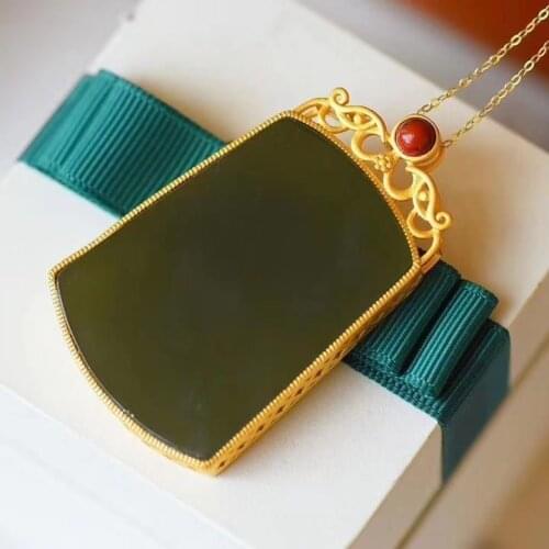 Hetian Jade S925 Sterling Silver Jade Safe Square Plate Pendant Inlaid Sweater Hanging Ornaments Necklace High-Grade Ornament