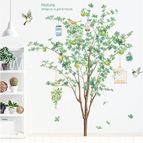 DIY Green Tree Wall Stickers Nordic Style Pastoral Living Room Bedroom Decor Aesthetic Wall Decoration Birds Wallstickers