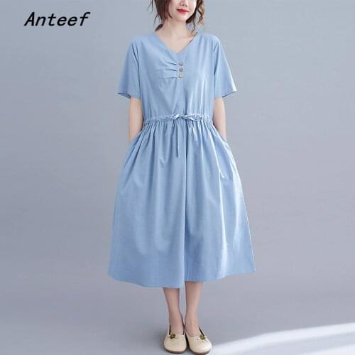 Short sleeve cotton linen vintage dresses for women casual loose long woman summer dress elegant clothes 2021 sundress