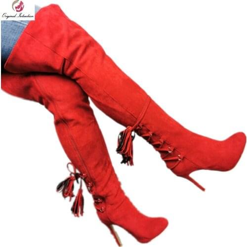 Women Red Suede Pointed Toe Over The Knee Boots 2021 Autumn Newest Thin Heels Woman Fashion Boots Winter Long Boots US Size 5-15