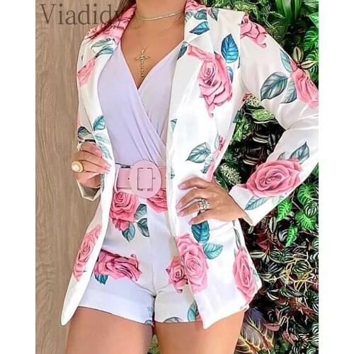 Women Floral Print Long Sleeve Blazer Coat &and Shorts Suit 2pcs Set