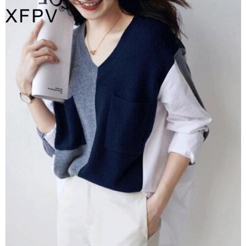 XFPV 2021 Spring And Autumn New Arrivals Y2k Long Sleeve Splicing Top Loose Sweater V-neck Pocket Knitted Cardigan Women SM191