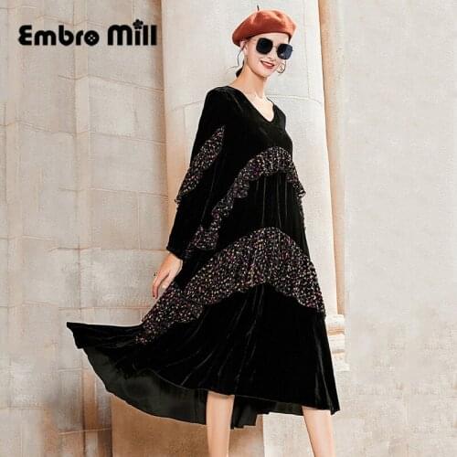 Autumn And Winter New High-End V-Neck Velvet Spliced Dots Black Loose Big Hem Mid-Length Light Luxury Ladies Dress M-XXL