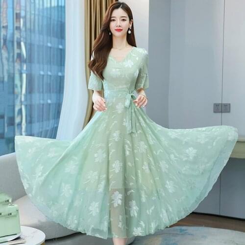 High Quality 2021 Summer Dress For Women V Collar Jacquard Weave Short Sleeve Women Chiffon Long Dress