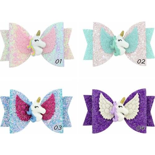 3.5 inch Angel wings Unicorn Glitter Bow Hair Clips , School Girls Chunky Glitter Hair Bow Clip, Baby Hair Accessories