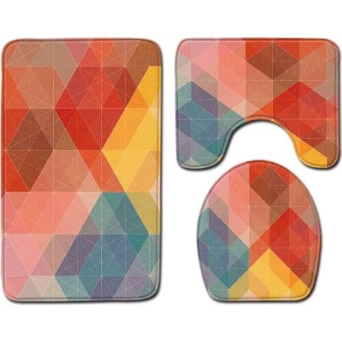 3pcs/set Geomeric Block Print Anti-slip Bathroom Floor Mat Set Home Decor Shower Velvet Toilet Cover Rug Bath Door Carpet