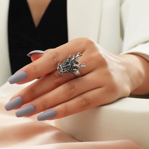 Afghan Adjustable Punk Dragon Rings for Women Men Hip Hop Rock Head Ring Gothic Silver Color Metal Vintage Party Jewelry Gift