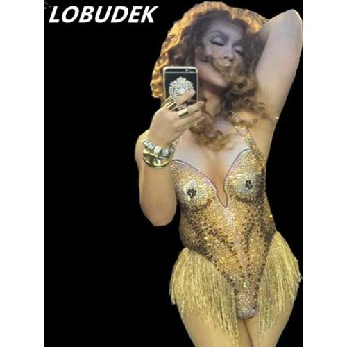 Sparkly rhinestones sexy female bodysuit bright Crystals tassels jumpsuit Nightclub singer dancer stage costumes DJ Jazz show