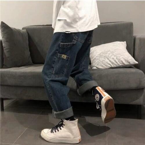 Mens Jeans Cargo Pants Loose Straight Wide Leg Fall Korean Trend Trousers Ins Hong Kong Style Fashion Brand Vintage Jeans Men
