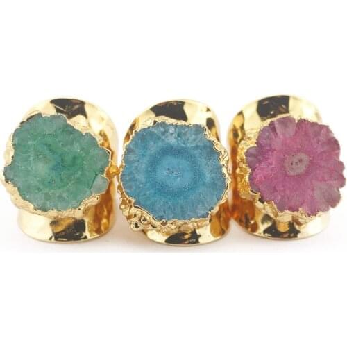 Druzy Fashion Natural Stone Pink Tourmaline Blue gravel Ring Handmade Jewelry green Color Ring for Women Party Gift Wedding