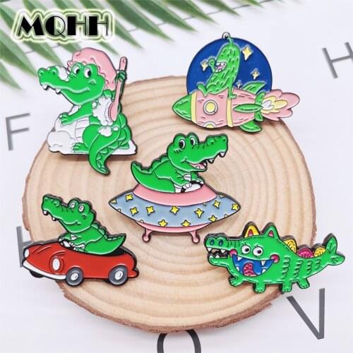 Cartoon Fun Animals Crocodile Enamel Pins Car Rocket Spaceship Cloud Alloy Brooch Punk Accessories Woman Jewelry Gift For Friend