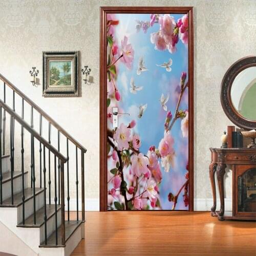 Peach Blossom Flower Branch Door Decals Home Decoration Spring Dove Bedroom Living Room Door Stickers Self-Adhesive Two-Piece