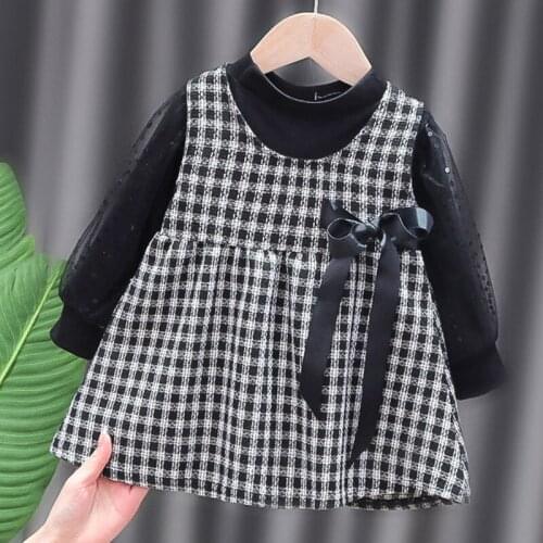 New Baby Girl Dress Set Spring Autumn Bubble Sleeve Top + Sleeveless Bowknot Plaid Dress Fashion Baby Clothes Two-piece Set