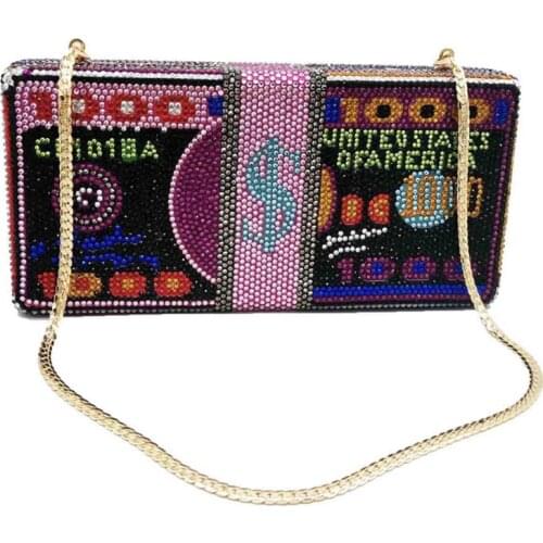 New Design Ladies Luxury Multicolour $100 Dollar Crystal Diamond Clutch Purses Rhinestone Evening Bag Handbag Money Bag