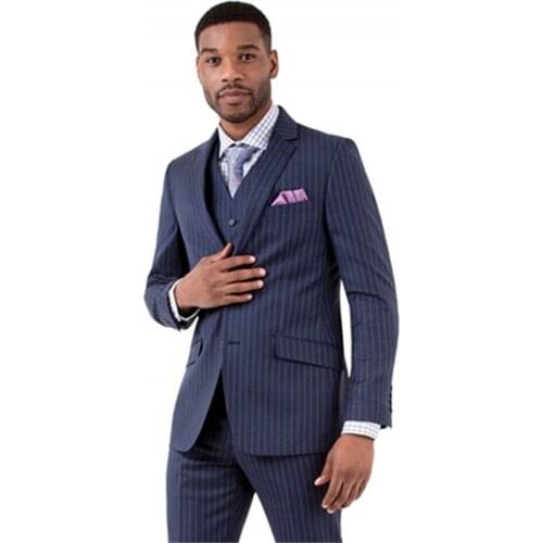 New Classic Men’s Suit Smolking Noivo Terno Slim Fit Easculino Evening Suits For Men Stripe Blue Formal Groom Tuxedos Wear